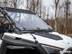 SuperATV flip down windshield on a Polaris RZR Pro XP, angle view