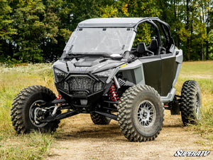 SuperATV flip windshield on a Polaris RZR Pro XP, angle view