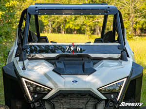 SuperATV half windshield on a Polaris RZR Pro XP, feature detail graphic