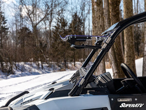 SuperATV flip windshield on a Polaris RZR Trail, angle view