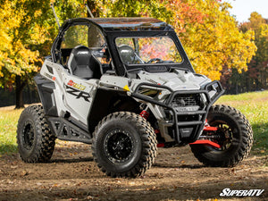 SuperATV glass windshield on a Polaris RZR Trail, angle view