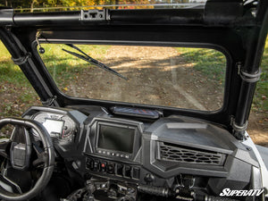 SuperATV glass windshield on a Polaris RZR Trail, installed close-up