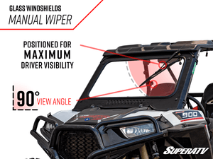SuperATV glass windshield on a Polaris RZR Trail, wiper detail graphic