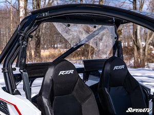 SuperATV rear windshield on a Polaris RZR Trail, angle view