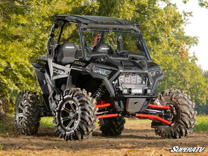SuperATV MaxDrive power flip windshield on a Polaris RZR XP 1000, angle view
