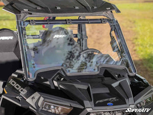 SuperATV MaxDrive power flip windshield on a Polaris RZR XP 1000, side view