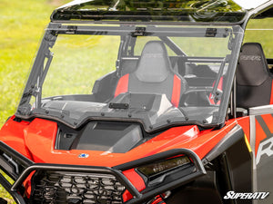 SuperATV flip windshield on a 2024+ Polaris RZR XP, installed close-up