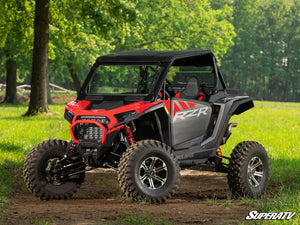 SuperATV glass windshield on a 2024+ Polaris RZR XP, angle view