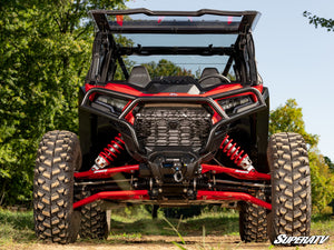 SuperATV MaxDrive power flip windshield on a 2024+ Polaris RZR XP, angle view