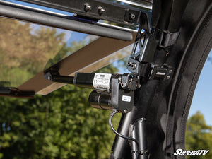 SuperATV MaxDrive power flip windshield on a 2024+ Polaris RZR XP, alternate angle