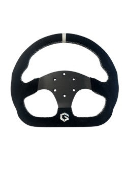 Geiser Performance UTV steering wheel 6061 aluminum frame wrapped in black Alcantara with white stitching