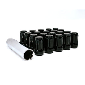 Complete 12x1.5 lug nut kit in gloss black for Polaris RZR Pro R, Turbo R, Ranger 1500—includes 20 lugs, stems, and socket key.
