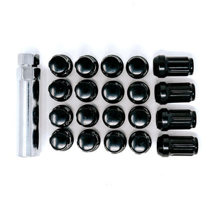Complete 12x1.5 lug nut kit in gloss black for Polaris RZR Pro R, Turbo R, Ranger 1500—includes 20 lugs, stems, and socket key.