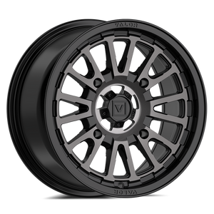 Valor Offroad V14 UTV Wheel in Dark Tint with satin black center cap and split-spoke design for rugged off-road performance.