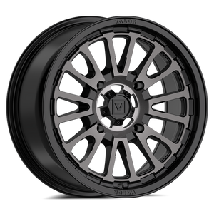 Valor Offroad V14 UTV Wheel in Dark Tint with satin black center cap and split-spoke design for rugged off-road performance.