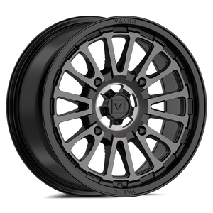 Valor Offroad V14 UTV Wheel in Dark Tint with satin black center cap and split-spoke design for rugged off-road performance.