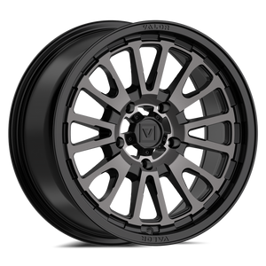 Valor Offroad V14 UTV Wheel in Dark Tint with satin black center cap and split-spoke design for rugged off-road performance.