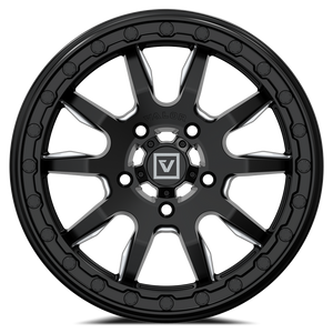 Valor Offroad V15 Beadlock UTV Wheel in satin black with milled accents, pre-installed center cap, and beadlock hardware.