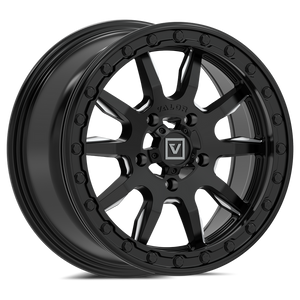 Valor Offroad V15 Beadlock UTV Wheel in satin black with milled accents, pre-installed center cap, and beadlock hardware.
