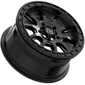 Valor Offroad V15 Beadlock UTV Wheel in satin black with milled accents, pre-installed center cap, and beadlock hardware.