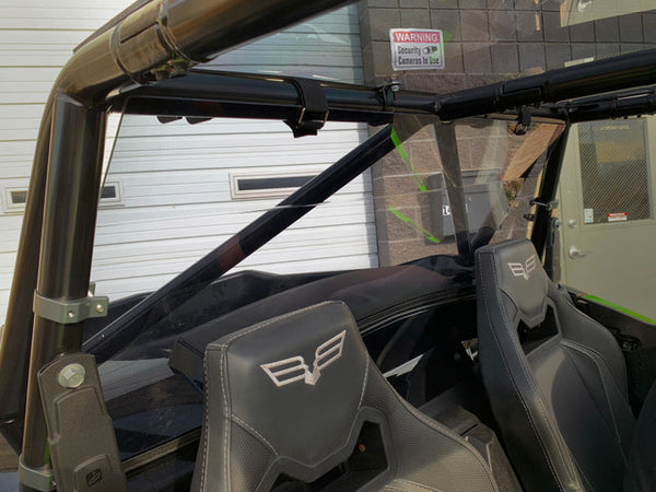 UTVZILLA tinted rear polycarbonate window for Wildcat XX with billet clamps, UV protection, and rattle-free CNC design fitment