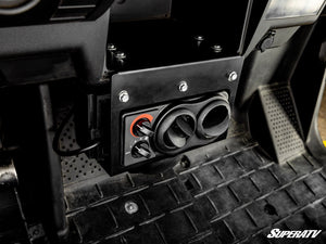 Angled view of the SuperATV cab heater vents and controls in a Yamaha Viking