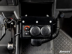 Front view of the SuperATV cab heater mounted below the Yamaha Viking dash