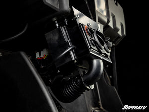 Side view of the SuperATV cab heater bracket and hoses in a Yamaha Viking