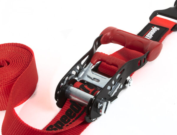 SpeedStrap Ratchet Tie Downs in red - handle closeup