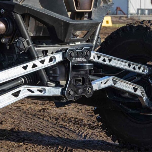 ZBroz Polaris RZR Pro R/Turbo R Intense Billet Gusset Plate with Tow Ring installed with raw Intense radius rods